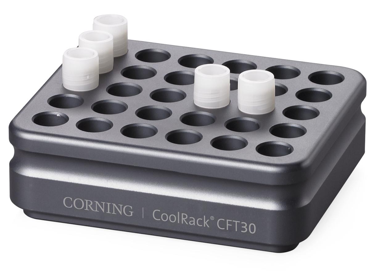 CoolRack CFT30, holds 30 cryovial or FACS tubes, with gripping wells for one-hand vial opening/closing