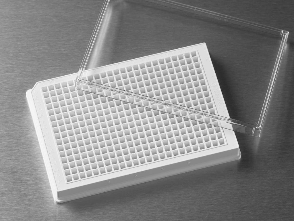 Microplate, 384 Well, Polystyrene, White, Flat Bottom, Square Wells, Low Flange, TC-Treated, with Lid, Sterile, with Generic Bar Code, Bulk