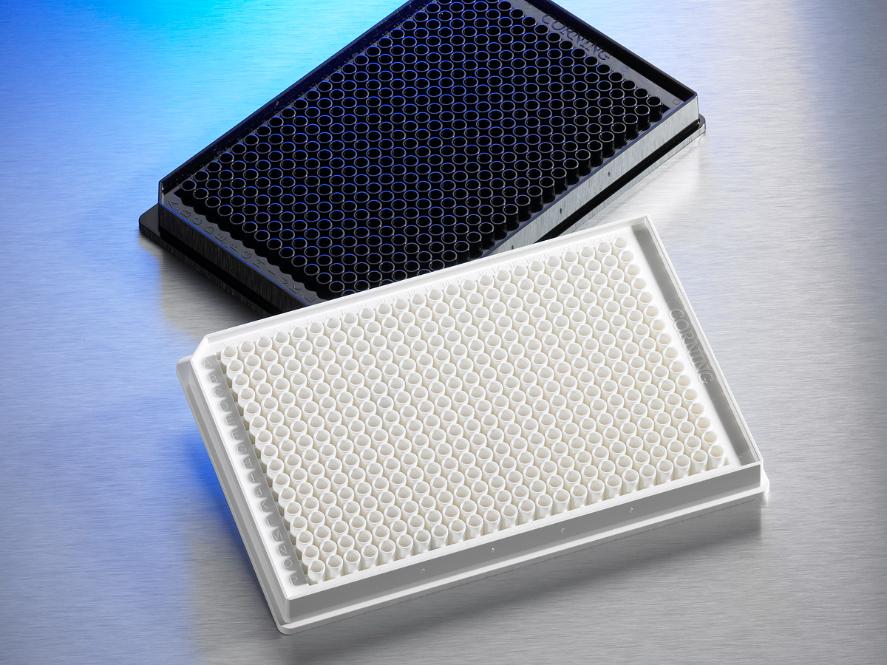 Microplate, 384 Well, Polystyrene, Black, Flat Bottom, Square Wells, Low Flange, TC-Treated, with Lid, Sterile, with universal Barcode,Bulk,