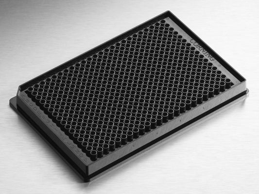 Microplate, 384 Well, Polystyrene, Low Volume, Black, Flat Bottom, Round Wells, Not Treated, no Lid, Nonsterile, with Generic Bar Code, Bulk