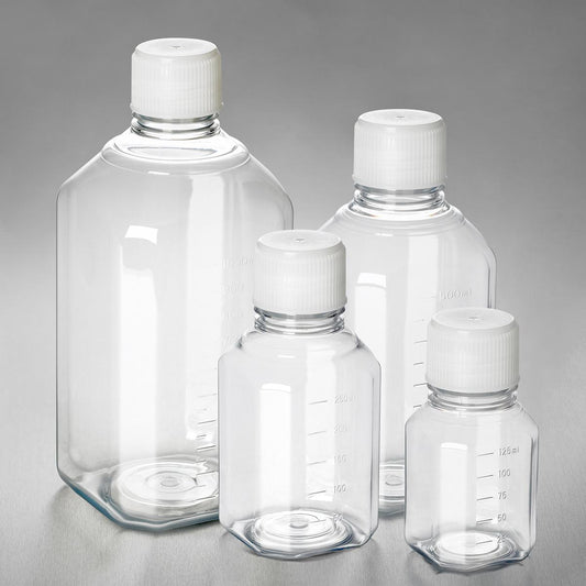 Corning PET Bottle, 500 mL, Graduated, 31 mm Screw Cap validated against IATA, Sterile, Triple-bagged, Pre-assembled, 12/Tray, 48/Case