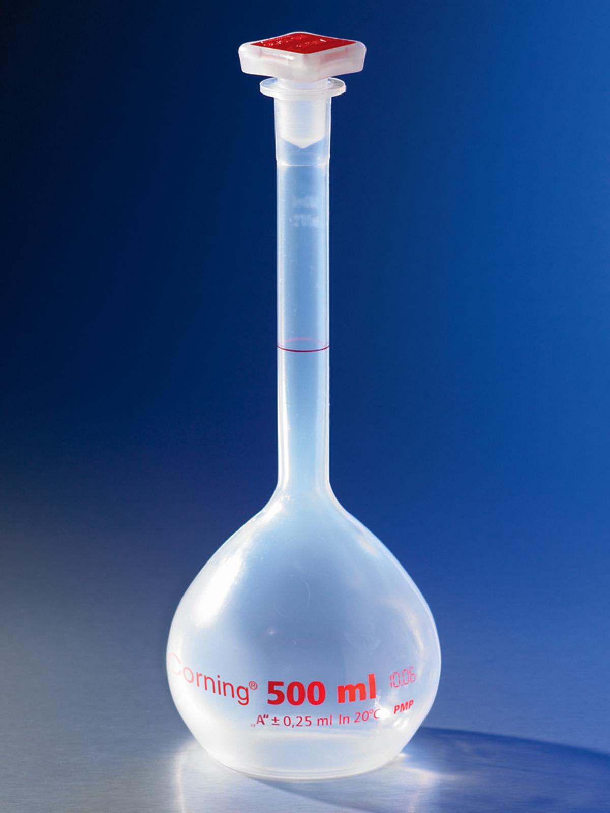 250 mL Class A Reusable Plastic Volumetric Flask, Polymethylpentene with 19/26 Tapered PP Stopper, Corning