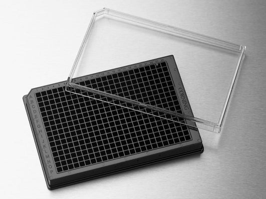 Microplate, 384 Well, Polystyrene, Low Volume, Black, Flat Bottom, Round Wells, TC-Treated, with Lid, Sterile, Bulk