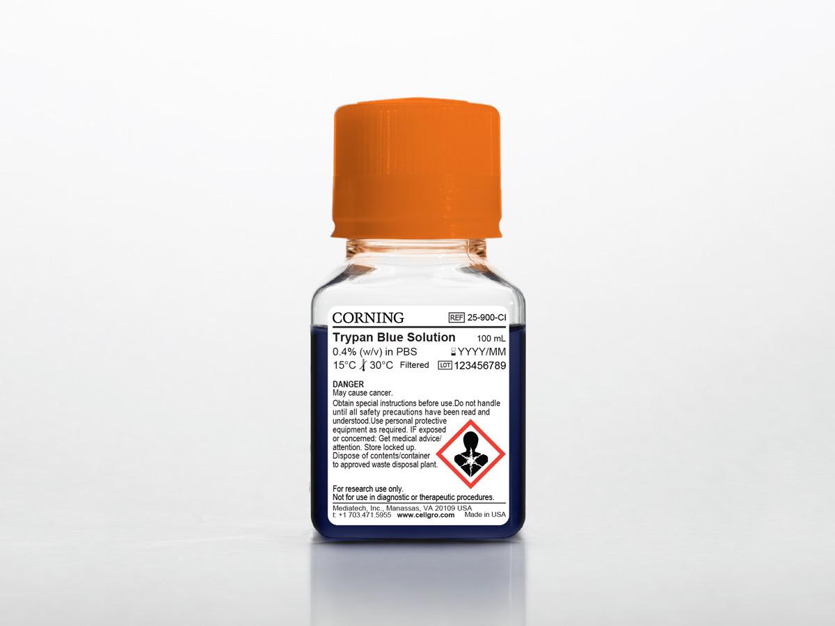 100 mL Trypan Blue Solution (w/v) in PBS 0.4% (w/v) in normal saline (8.1 g/L NaCl with 0.6 g/L K2HPO4)