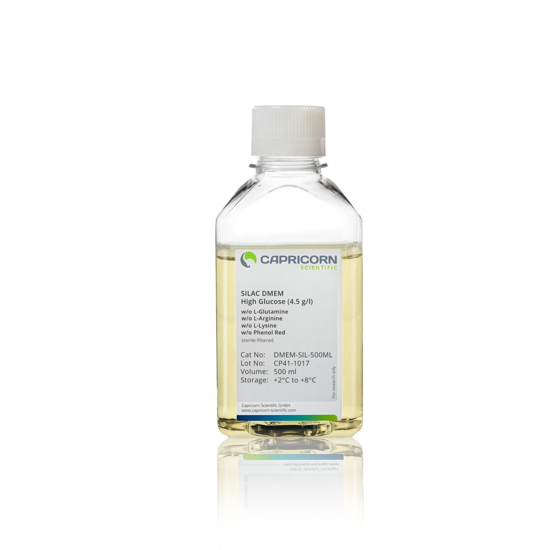 SILAC DMEM, high Glucose (4.5 g/L), w/o L-Arginine, w/o L-Lysine, w/o L-Glutamine, w/o Phenol Red, 500ml