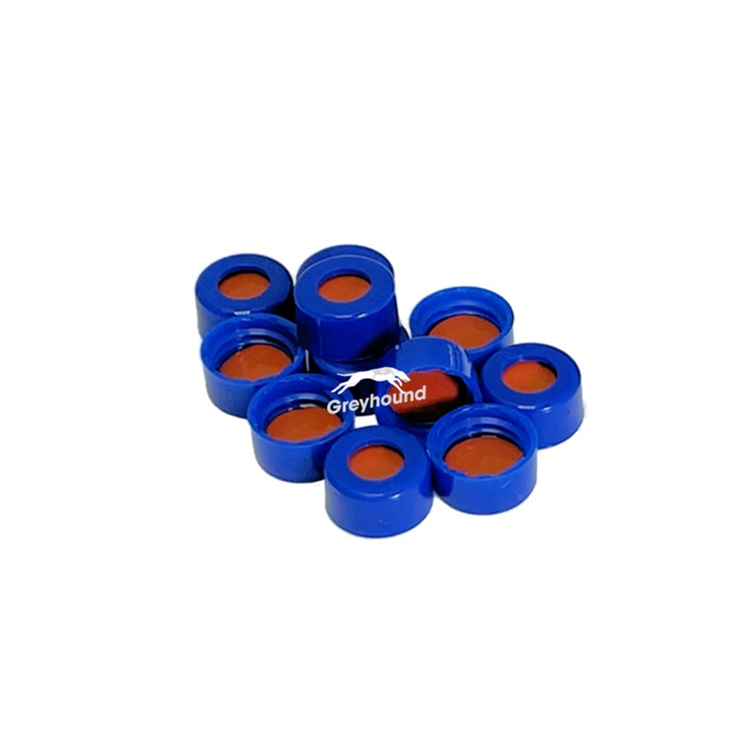 9mm Open Top Screw Cap, Blue with PTFE/Natural Rubber Septa, 1mm, (Shore A 60)