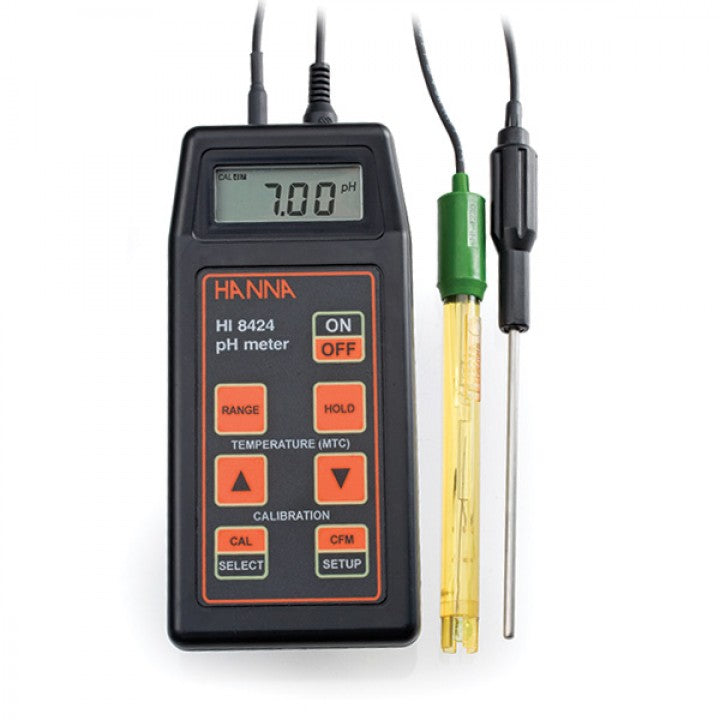 Water resistant Hand-held pH/mV/C meter with electrode, temperature probe, battery & case, Hanna