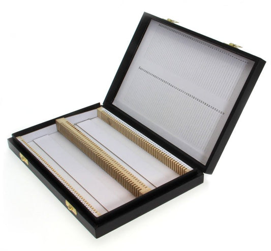 Microscope slide box, black paper covered wood, imitation leather finish & hinged lid