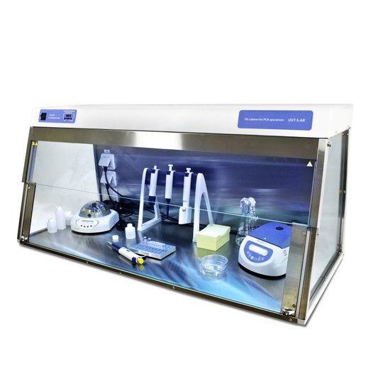 UV cabinet/PCR workstation, double, dual UV protection lamp and UV recirculator, 3 int. power sockets