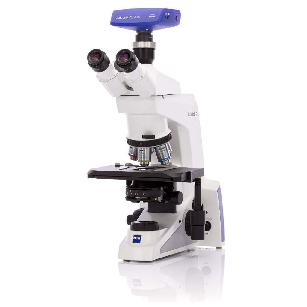 Microscope Axiolab 5 Pol for polarized transmitted light with binocular tube 30°/23 with additonal crossline micrometer and 50x objective